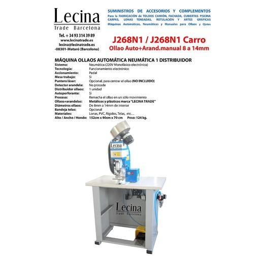 Máquina colocar Ojales Neumática Automática con 1 Distribuidor - J268N1 - Para Ollao y colocación de  Arandela a mano - Para Metálicos y de Plástico de 8mm a 14mm de diámetro